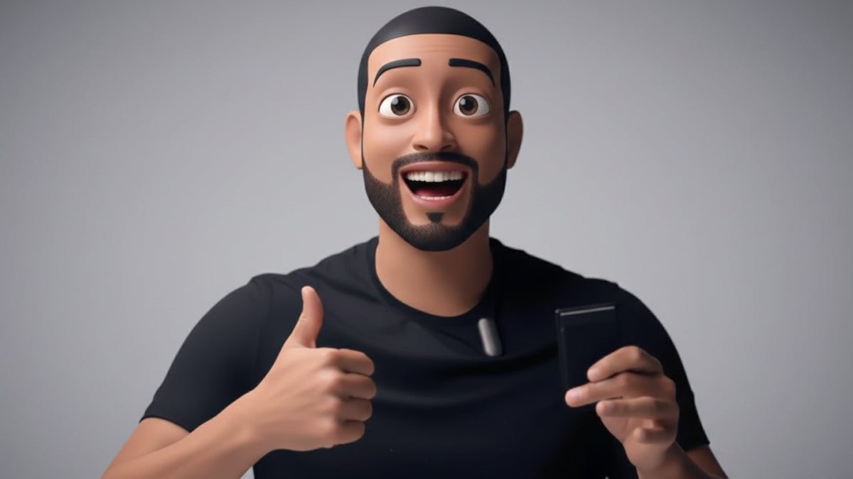 Excited animated man gives a thumbs-up, holding a black Plaud Note and wearing a gray Plaud NotePin.