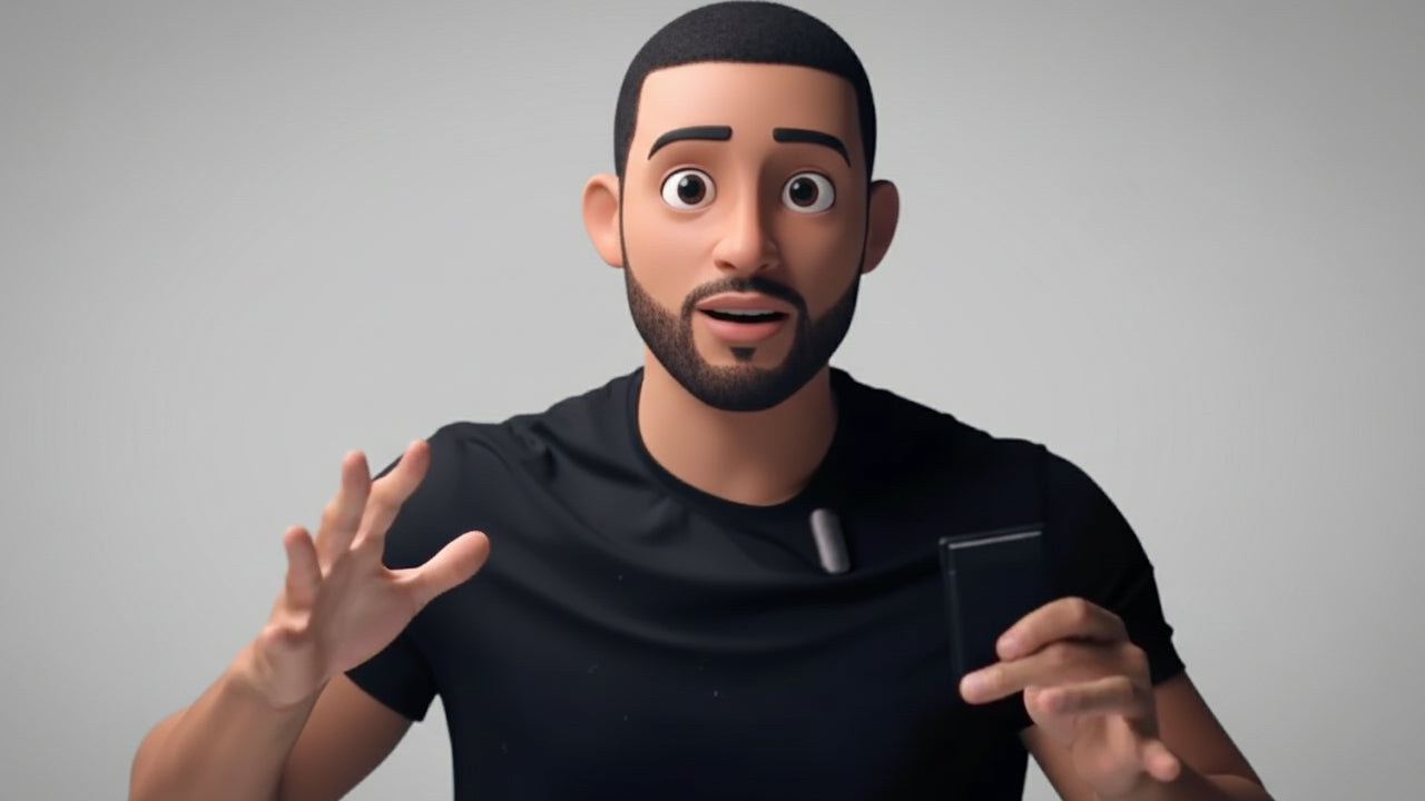 Animated man with surprised expression holds a black Plaud Note, a dark gray Plaud NotePin clipped to his shirt.