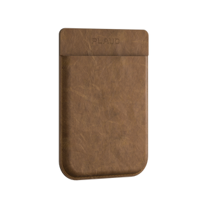 Brown distressed leather sleeve for Plaud Note, with embossed Plaud logo at the top.