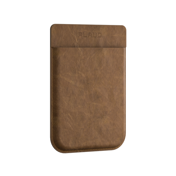 Brown distressed leather sleeve for Plaud Note, with embossed Plaud logo at the top.