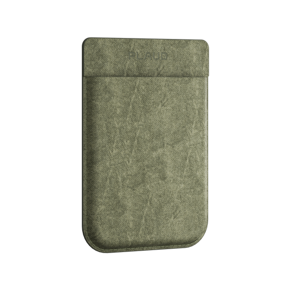 Textured olive green protective sleeve for Plaud AI voice recorder, with Plaud logo on the flap.