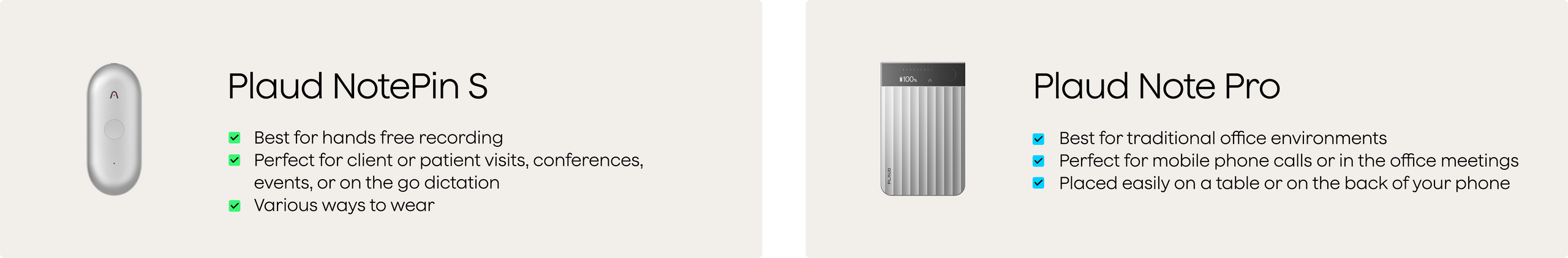 Light gray Plaud NotePin S and Plaud Note Pro devices, each with a list of their key features and use cases.