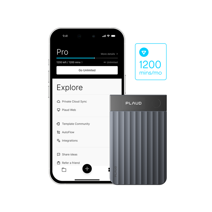 Dark gray Plaud Note Pro with a phone displaying the Plaud App Pro plan, showing 1200 mins/mo and features.