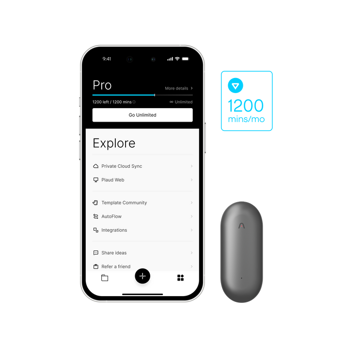 Plaud App on a smartphone showing Pro plan with 1200 mins/mo, next to a gray Plaud NotePin.