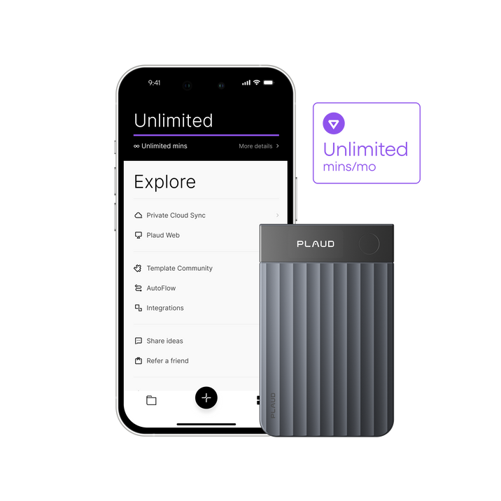 Dark gray Plaud Note Pro next to a phone displaying the Plaud App's 'Unlimited' plan features.