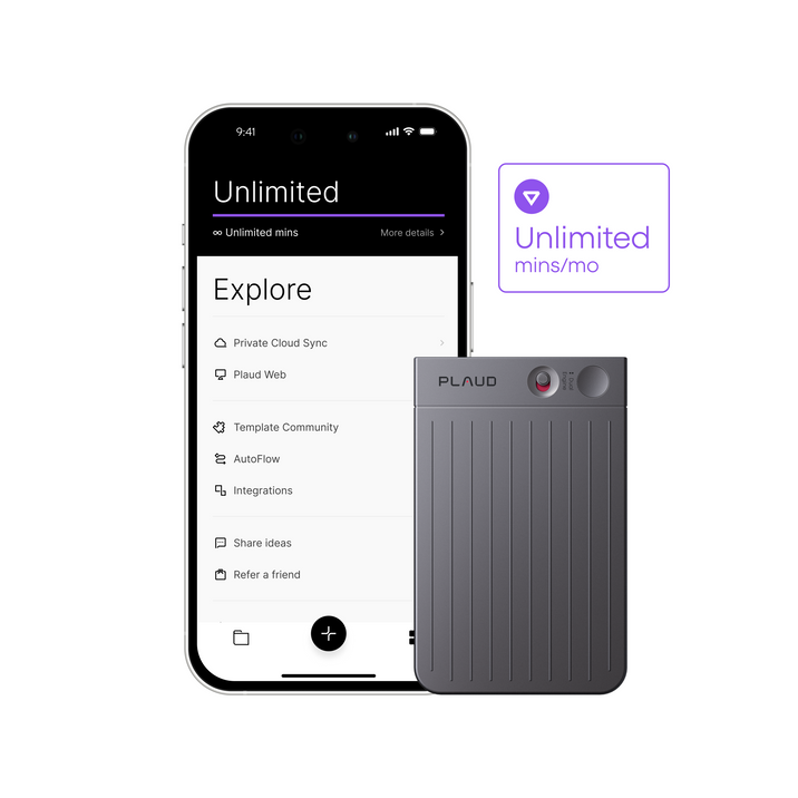 Plaud App displaying Unlimited plan features like cloud sync, with a dark gray Plaud AI voice recorder and "Unlimited mins/mo
