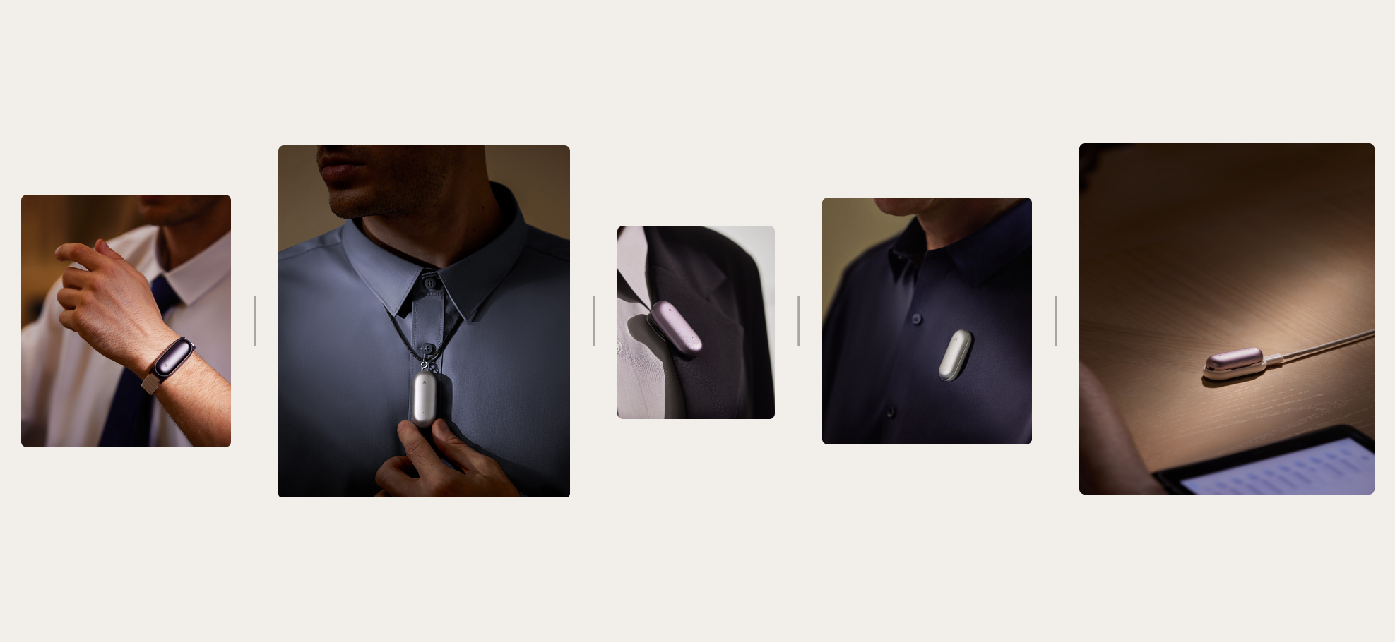Versatile Plaud NotePin worn on wrist, as a necklace, clipped to clothing, and charging.