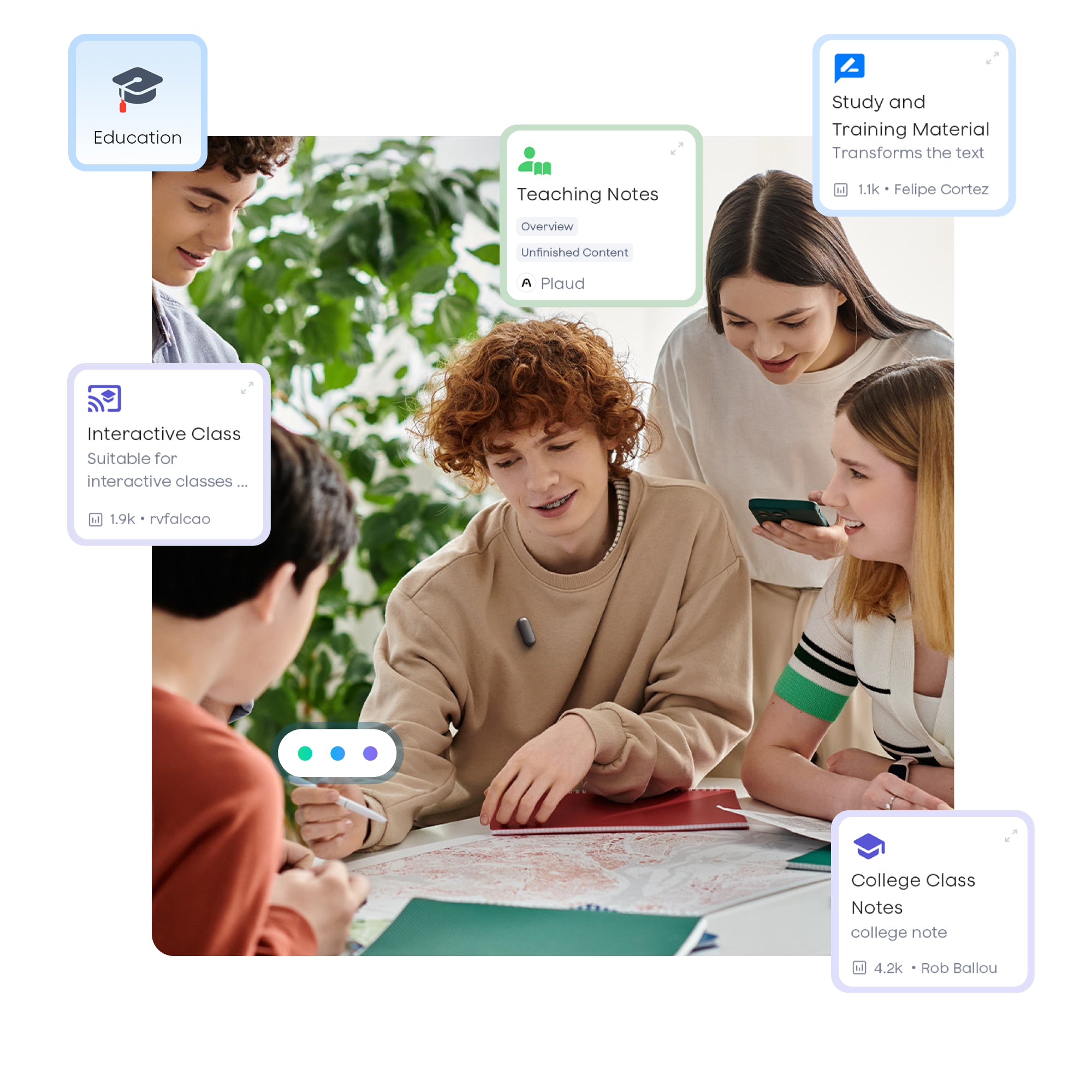 Four students collaborate, one wearing a dark grey Plaud NotePin. UI cards show educational applications like 'Teaching Notes