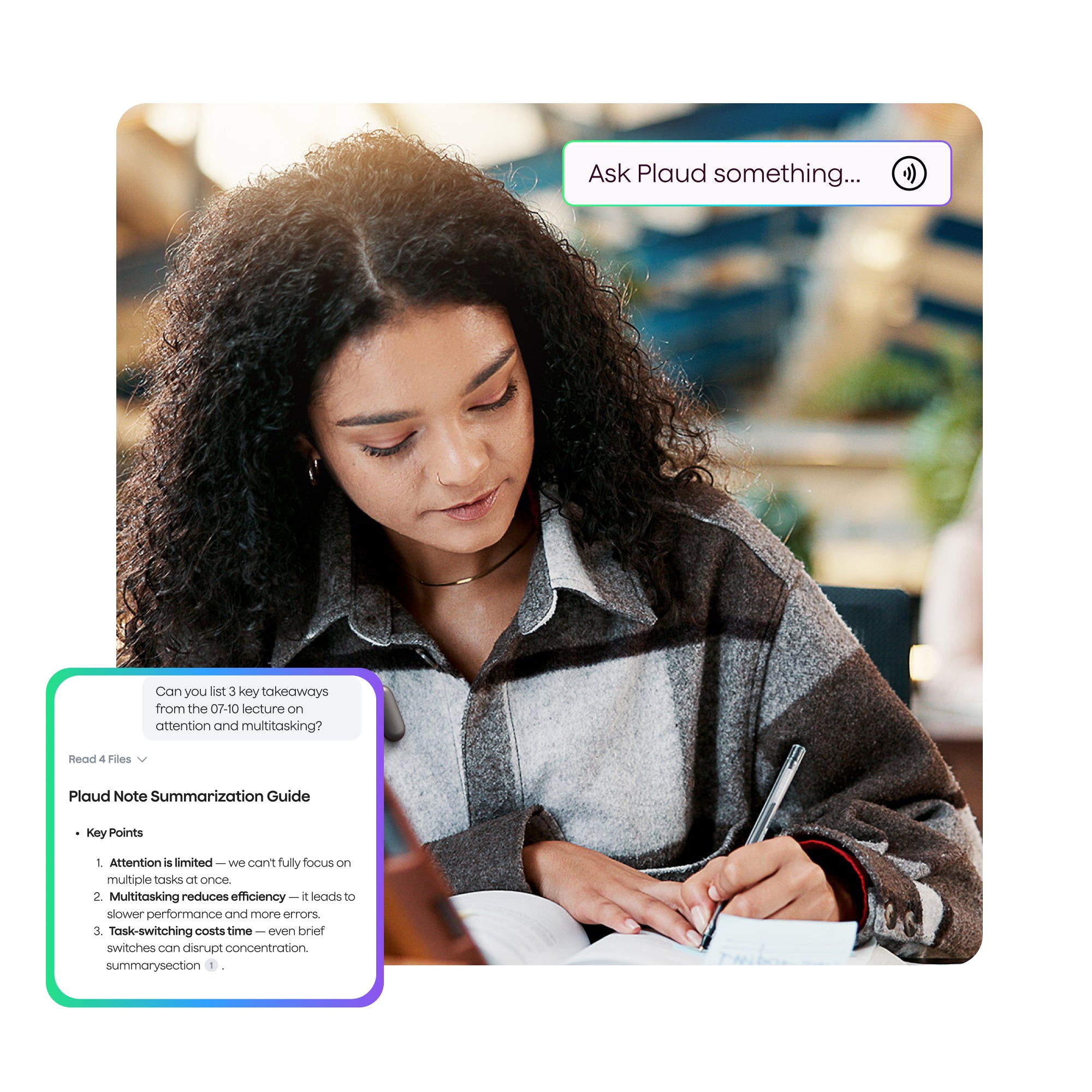 Young woman writing in a notebook while Plaud App displays AI-generated lecture summary and key takeaways.