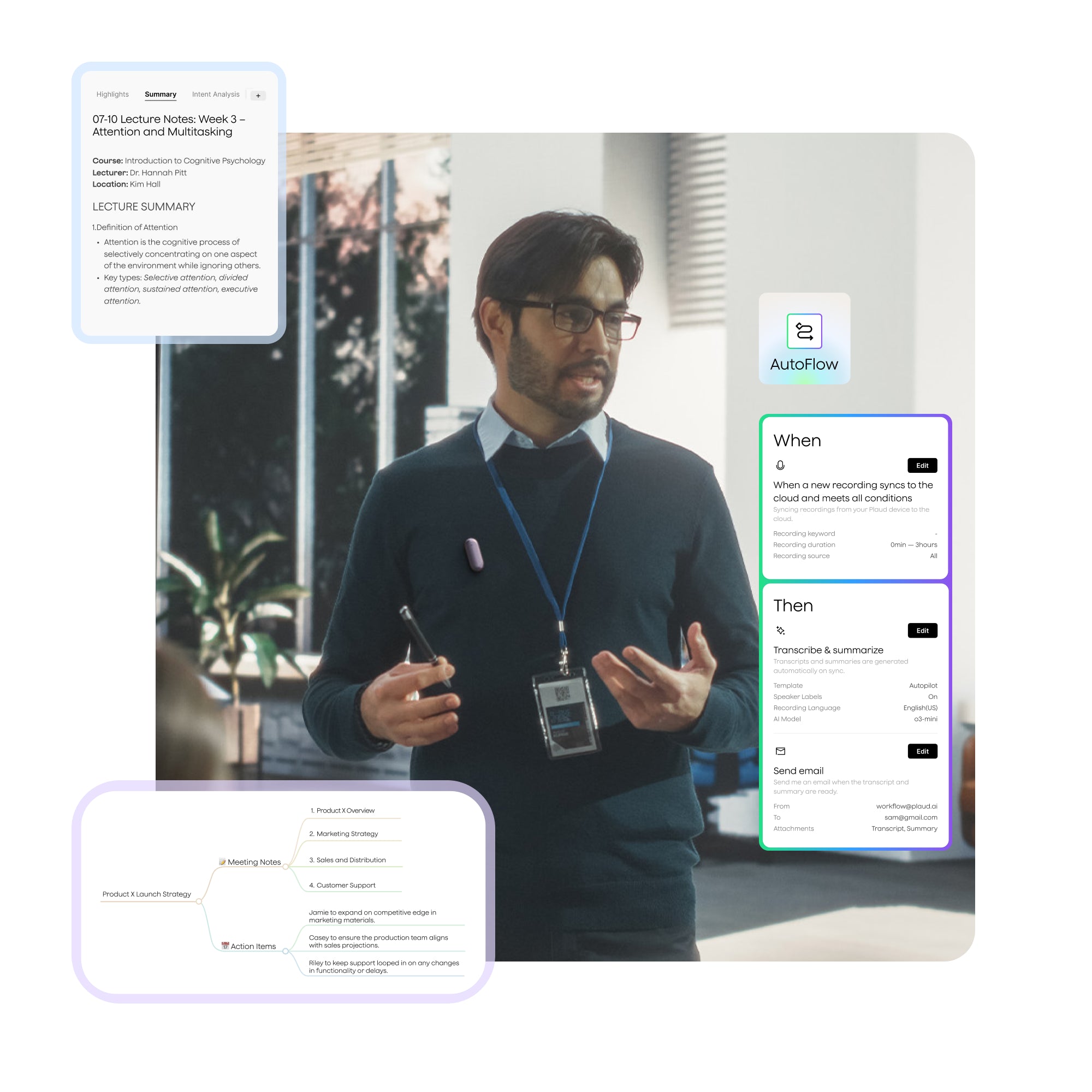 Man speaking with a dark purple/black Plaud NotePin, showing Plaud App features: lecture summary, AutoFlow, and mind mapping.
