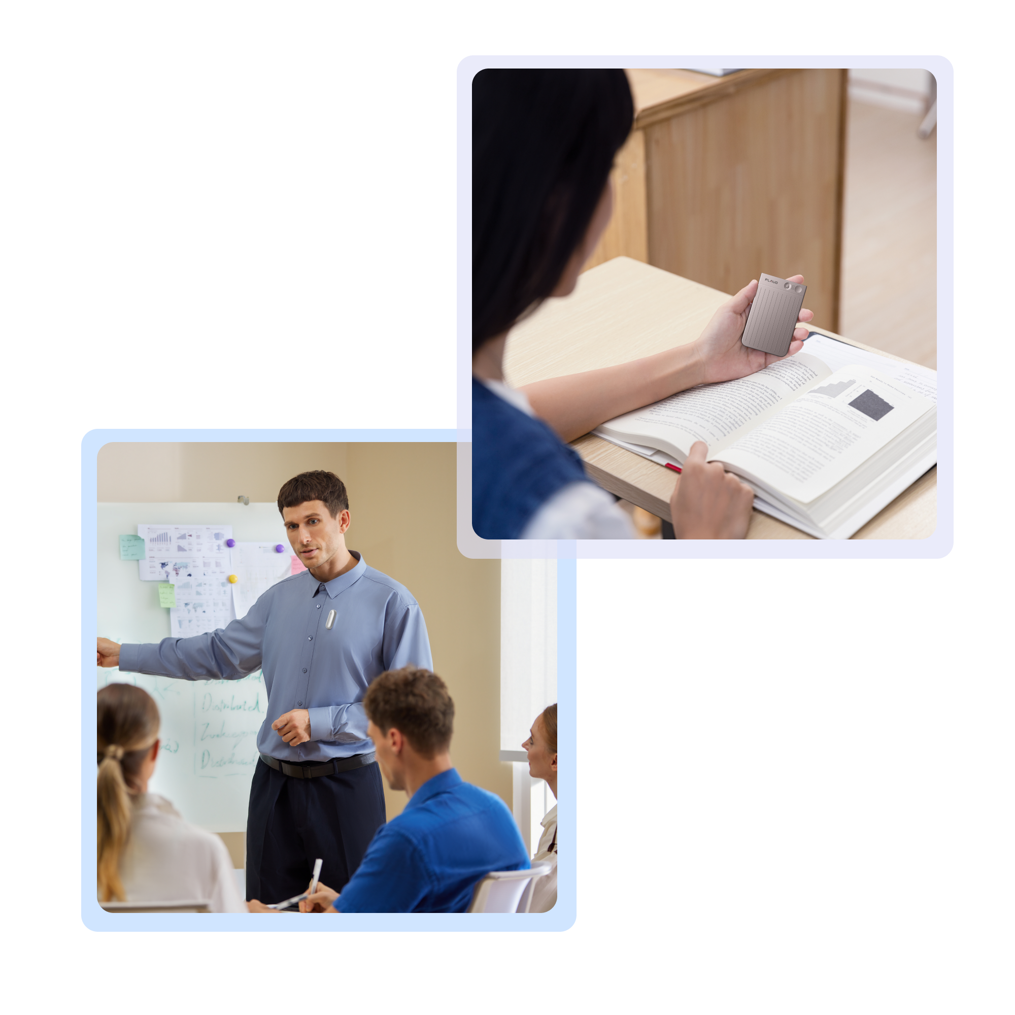 A presenter with a silver Plaud Note Pro, and a student holding a silver Plaud Note Pro while reading.