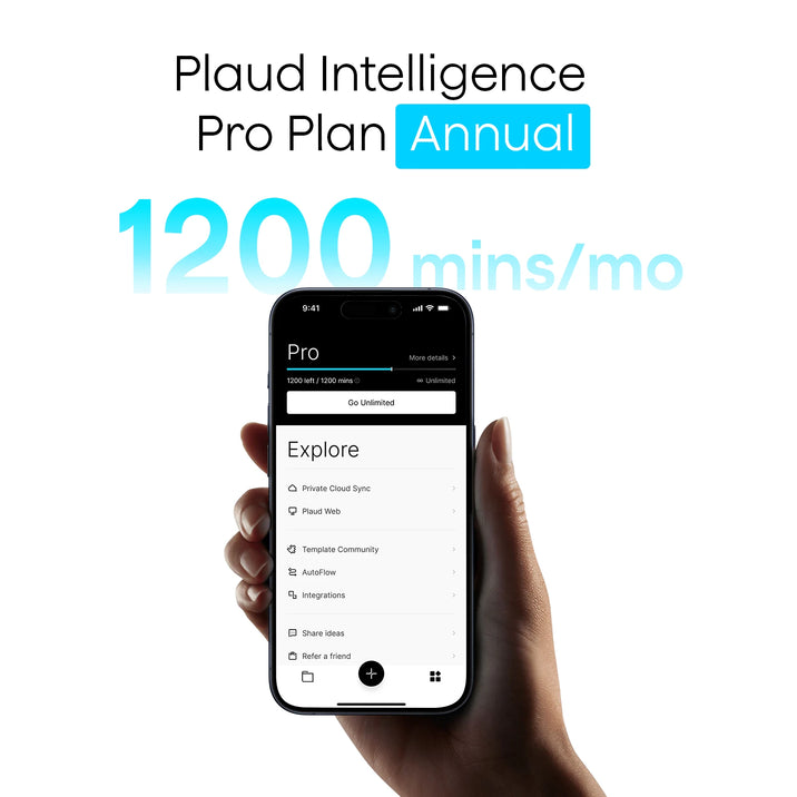 Plaud App on a smartphone showing the Plaud Pro Plan Annual with 1200 mins/mo and features like Private Cloud Sync.