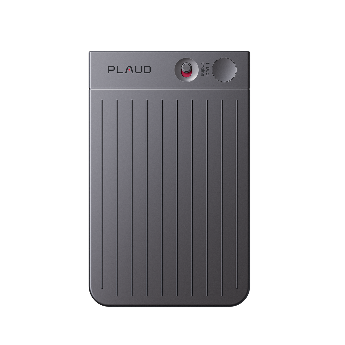 Dark gray Plaud Note AI voice recorder with a ribbed texture, Plaud logo, and two circular buttons.