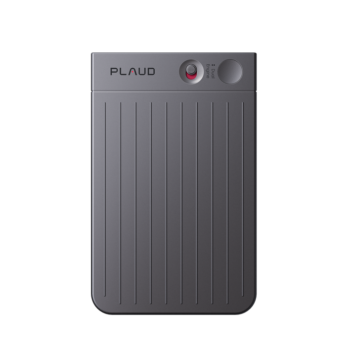 Dark gray Plaud Note AI voice recorder with a ribbed texture, Plaud logo, and two circular buttons.