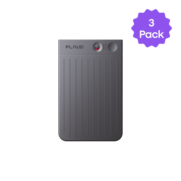 Dark gray Plaud AI voice recorder with ribbed texture and a purple '3 Pack' sticker.