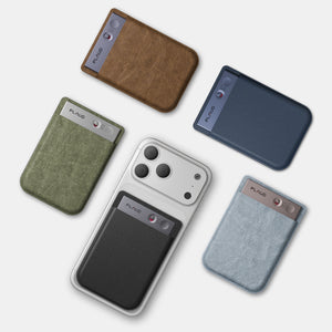 Five Plaud Note devices in brown, olive green, navy blue, light blue, and black, one attached to a white phone case.