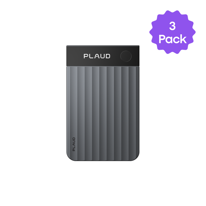 Dark gray Plaud AI voice recorder with a ribbed texture, featuring a '3 Pack' badge.