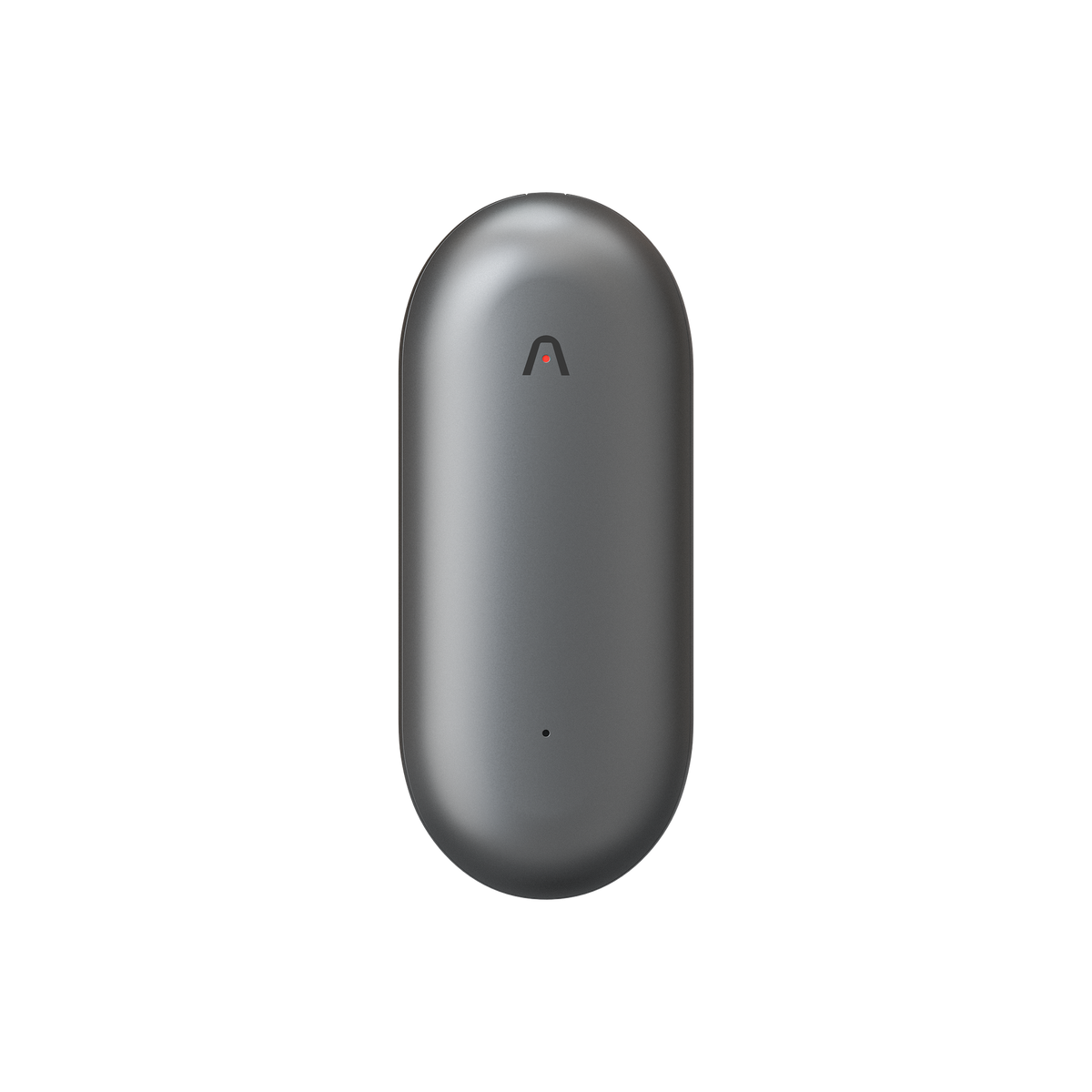 Dark gray Plaud NotePin, a smooth, capsule-shaped AI voice recorder with a small Plaud logo and microphone.