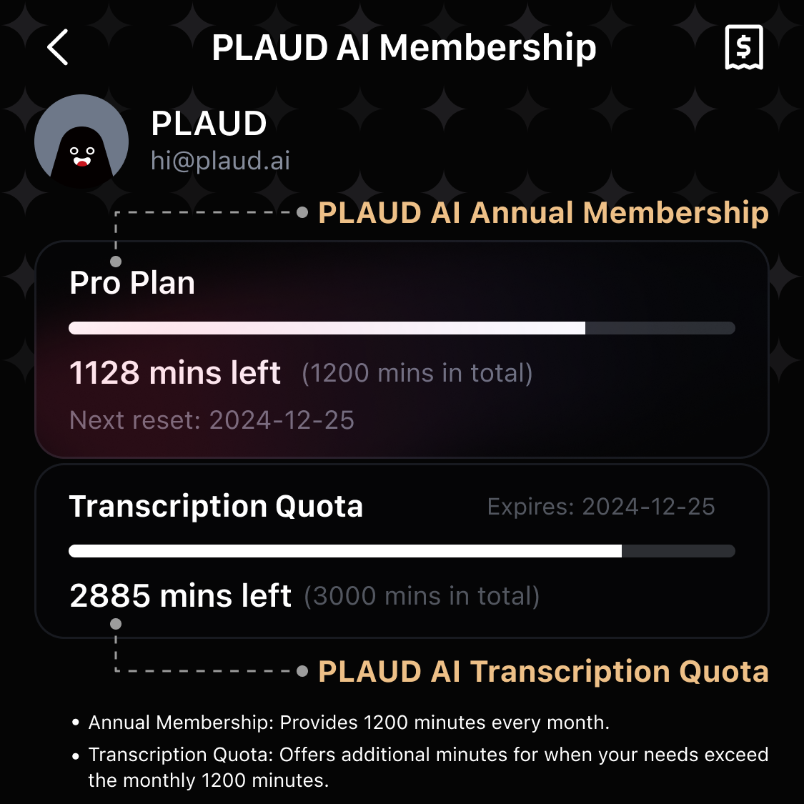 PLAUD AI Transcription Quota (6000/3000/600mins)