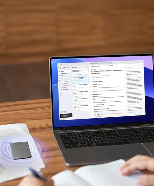 Plaud Note recording audio, wirelessly connected to a laptop displaying Plaud Web with lecture notes on attention and multita