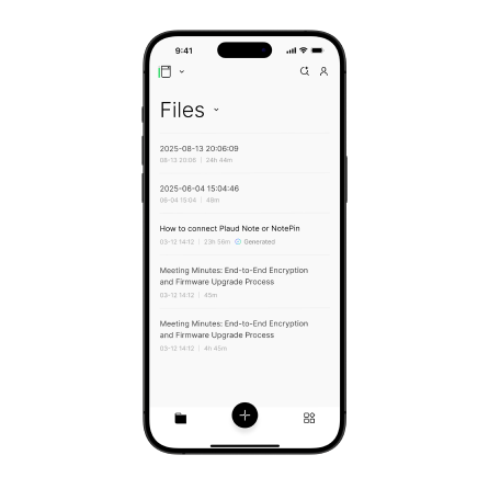 Plaud App on a smartphone, displaying a list of recorded files, including one titled 'How to connect Plaud Note or NotePin'.