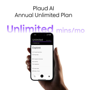Plaud App on a smartphone, showing the Plaud AI Annual Unlimited Plan with unlimited mins, Private Cloud Sync, and Integratio