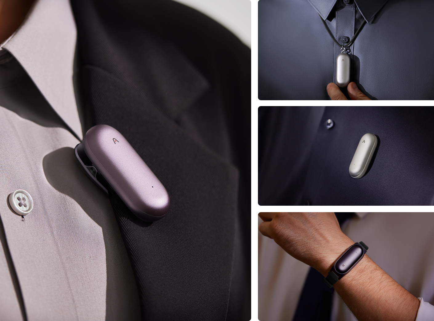 Plaud NotePin S in purple, silver, and black, shown clipped to a shirt, worn as a pendant, magnetically, and on a wristband.